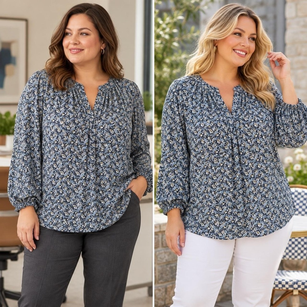 Tahari Woman Tunic Sheer Blouse 2X Blue Floral Split Neck Long Sleeve NWT Office
